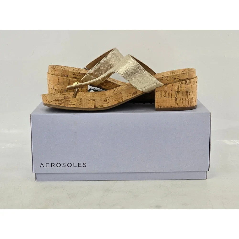 Aerosoles Clio Sandals Womens Size 10M Gold T-Strap Cork Wedge - New